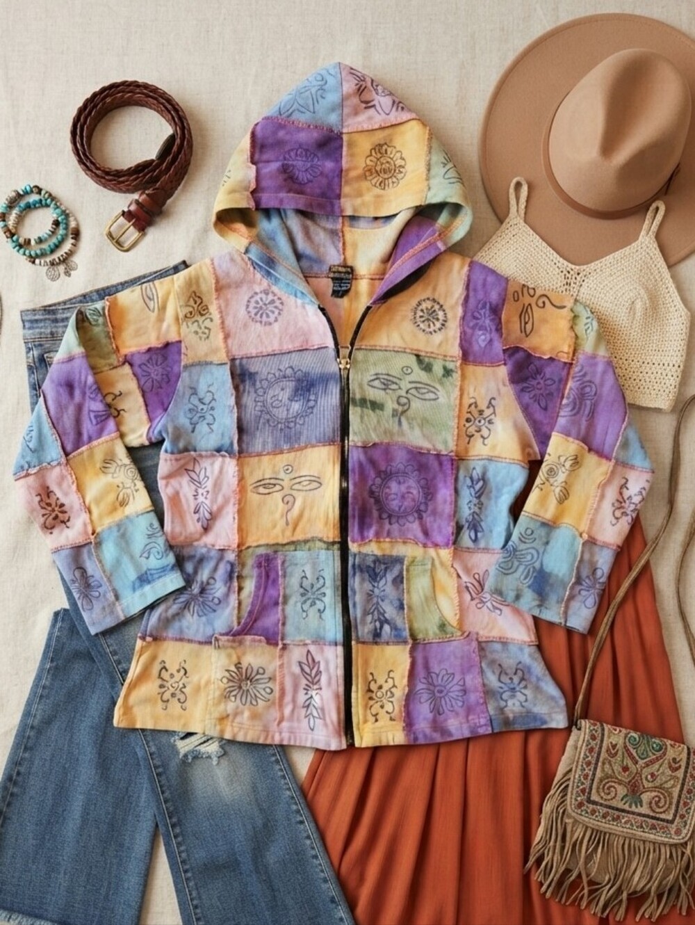 Rising International Patchwork Colorblock Tie Dye Zip Up Hoodie Jacket